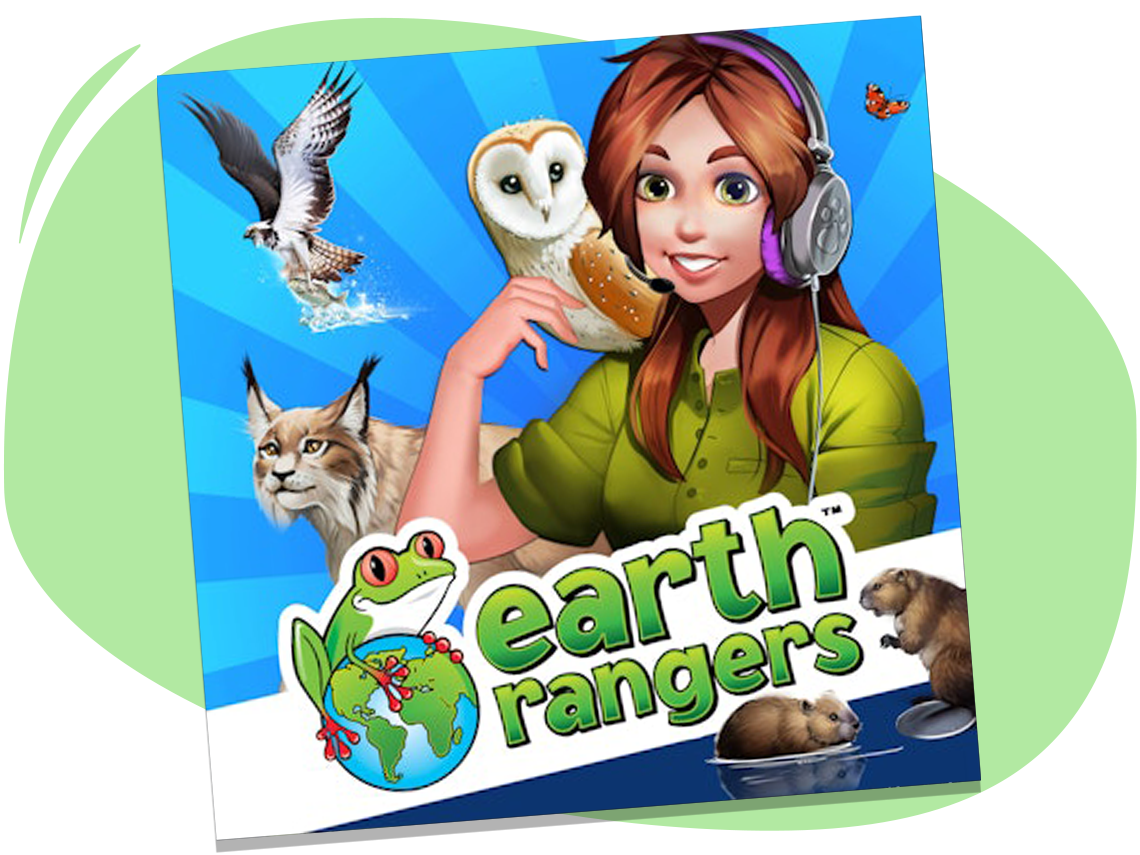 ‘Earth Rangers’ cover art features a woman with headphones. She is surrounded by wild animals. The logo is a frog sitting on a globe.  