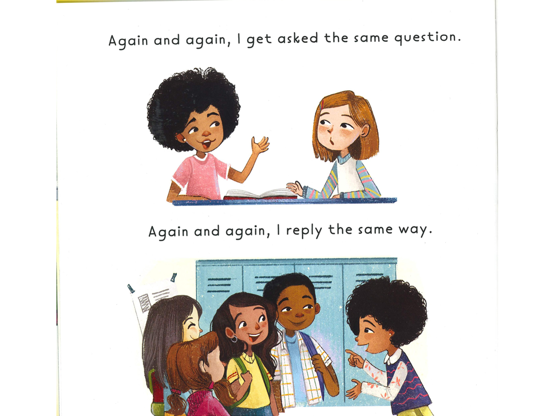 A split scene. In the first scene a student with brown curly hair is speaking to another student with short orange hair. In the second scene, the student with brown curly hair is speaking to a group of students near lockers, the students are actively listening as they smile. 