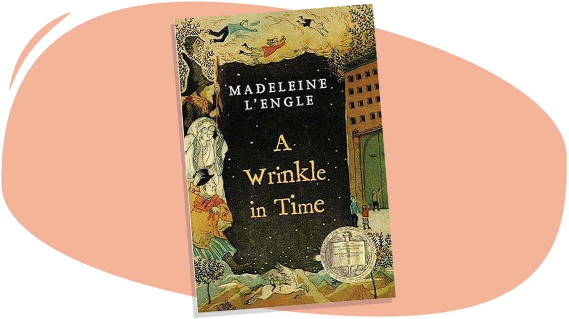 'A Wrinkle in Time' book cover with black space with stars, surrounded by scenes of the 3 children traveling through space.