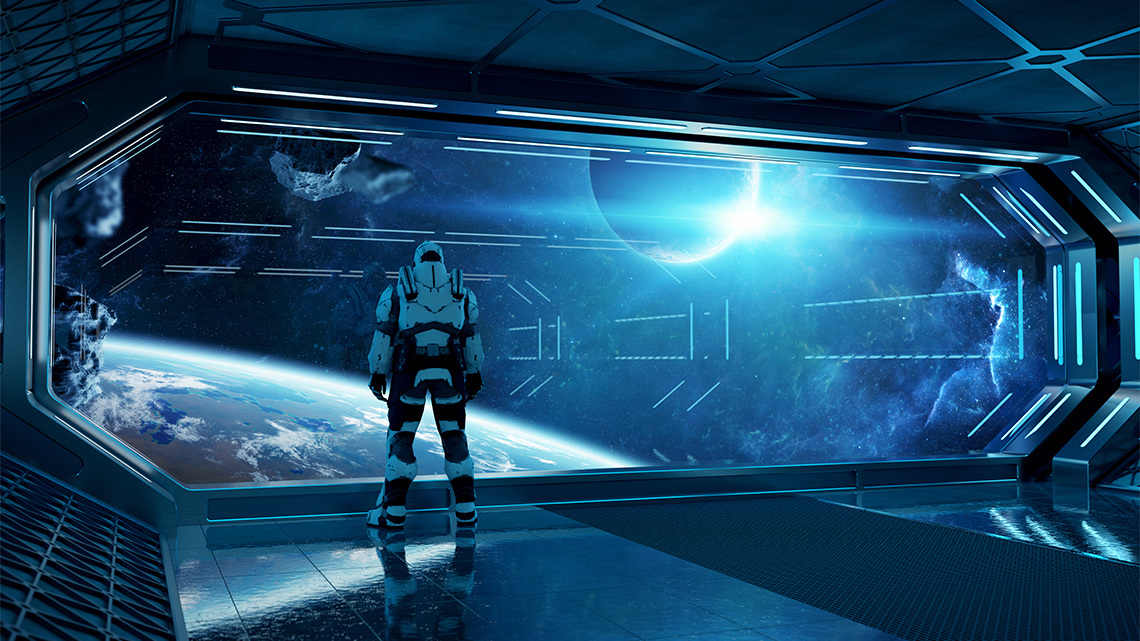 A person in a futuristic space suit is looking out of a large window in space, with a planet below and a moon blocking out most of a sun.