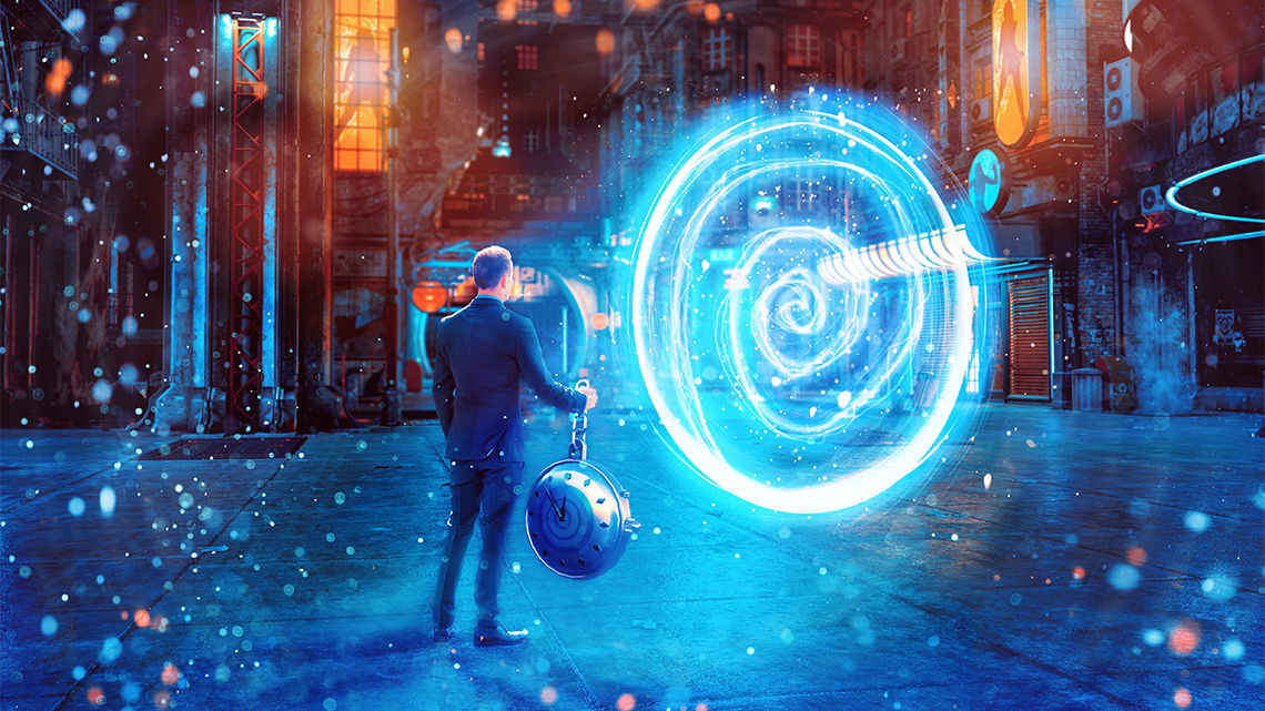 A person stands outside in a futuristic city, holding a large mechanical clock. A spiral of glowing light has appeared in front of him.