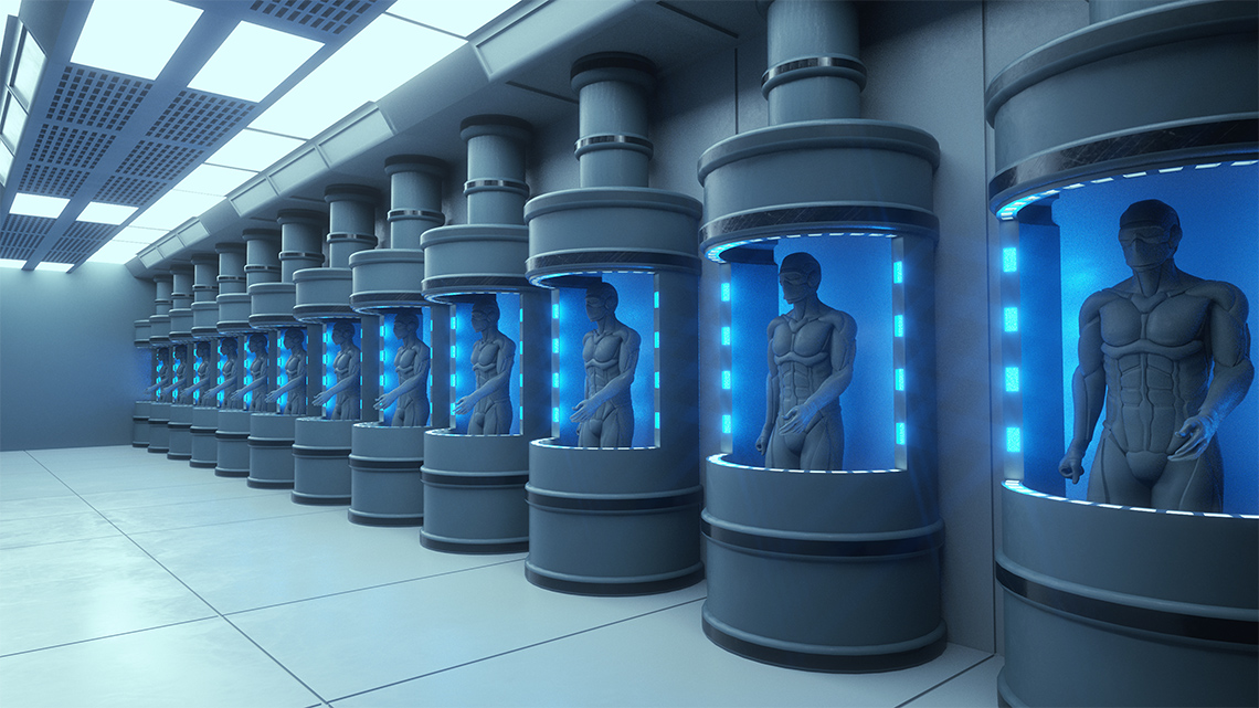 A warehouse room with a dozen large chambers lit up with glowing lights. Each chamber has an identical humanoid figure inside.