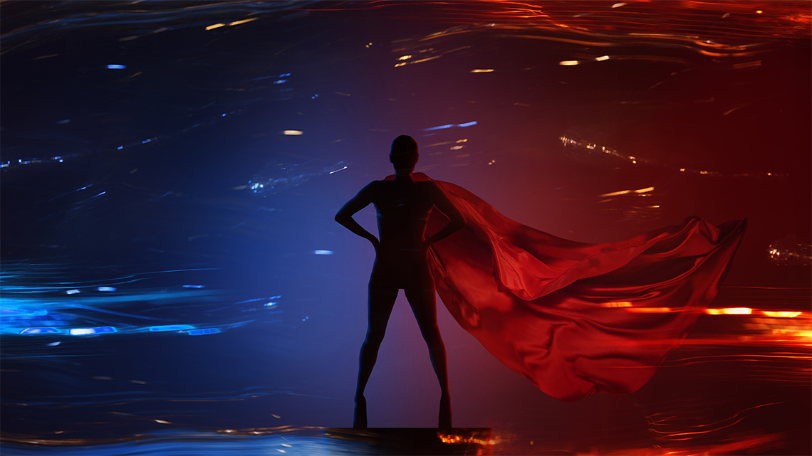 A person is confidently standing and looking into a dark expanse of swirling lights. They are wearing a large superhero cape.