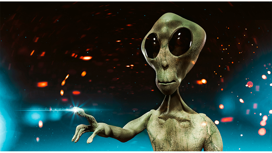 An alien figure is looking and pointing their finger towards the audience. Their finger is lit up. They are surrounded by mysterious lights.