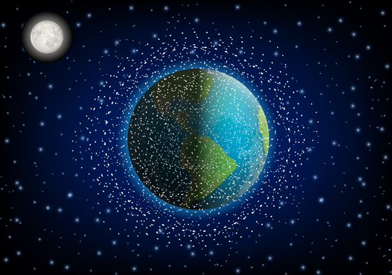 A graphic representation of planet Earth surrounded by space debris