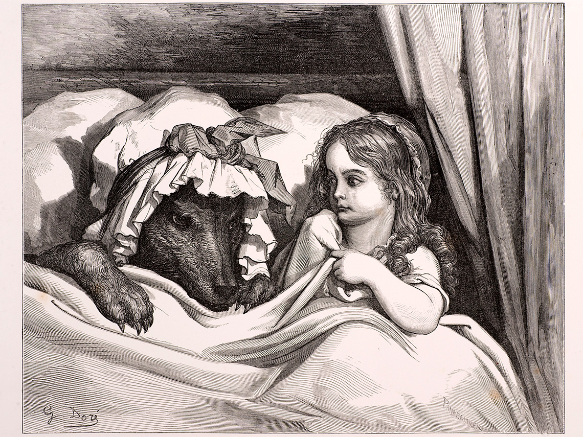 Little Red Riding Hood, in bed with the wolf disguised as her grandmother.