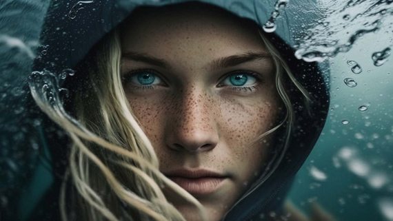 A realistic digital portrait of a person with long hair in a rainstorm. Some of the hair appears to be growing from the falling rain