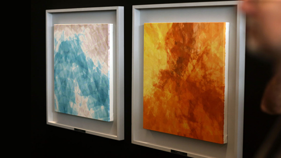 2 abstract paintings of wispy organic shapes formed by many layers of small geometric shapes hanging in a gallery