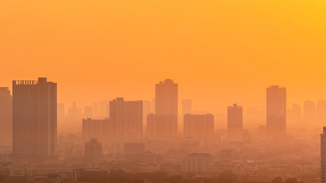 A shot of a hazy city scape.