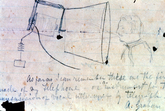 A sketch by Alexander Graham Bell of the first telephone.