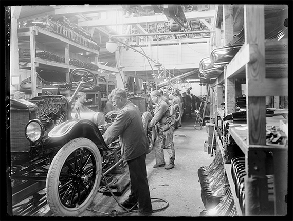 Workers constructing Model T Fords at a Ford factory in Copenhagen in 1923.