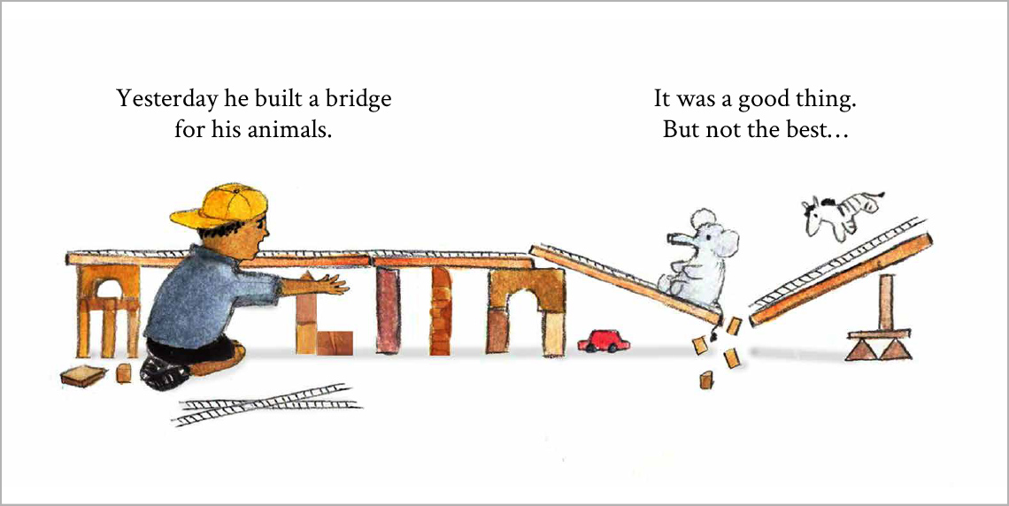  Muzi is building a bridge for his toys. Part of it has broken and his toys are falling off of it.