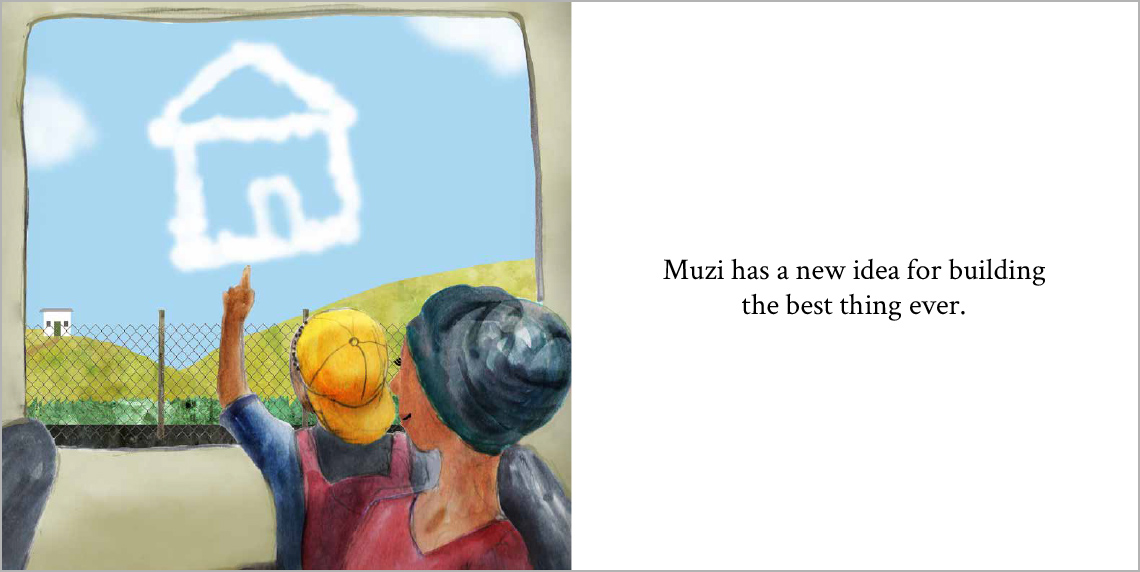 Muzi is sitting on the bus with his mom. He is pointing out the window at a cloud shaped like a house.