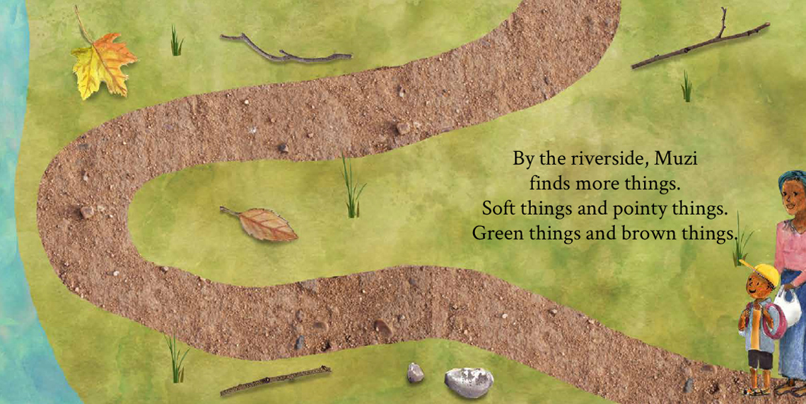  Muzi is standing on a dirt path by the water. There are leaves, sticks, grass, and rocks around the path.