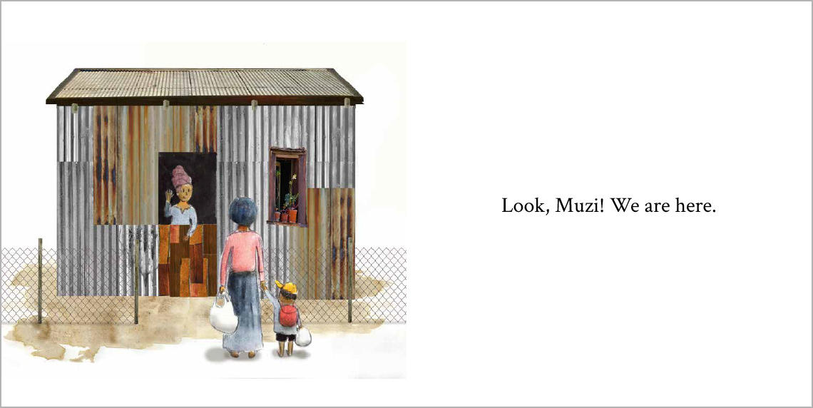  Muzi and his mother are holding bags, standing in front of a house. uGogo is inside the house, waving at them from the door.