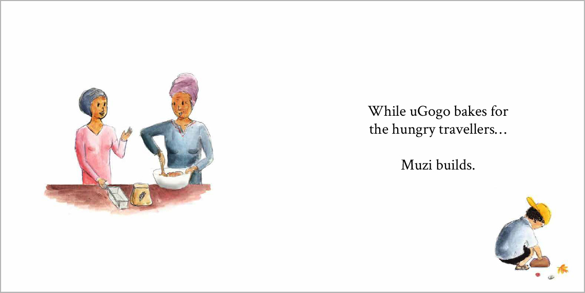  uGogo and Muzi's mother are baking while Muzi is squatting on the ground beside a leaf and buttons.
