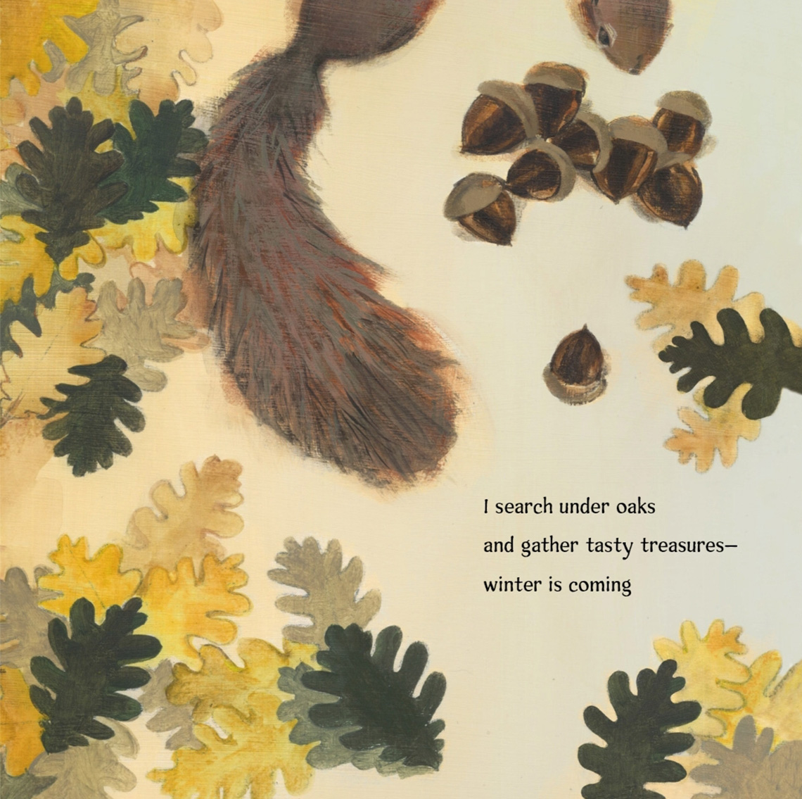 A brown squirrel with a big, bushy tail looking at a pile of acorns. There are green, yellow, and brown leaves on the ground.