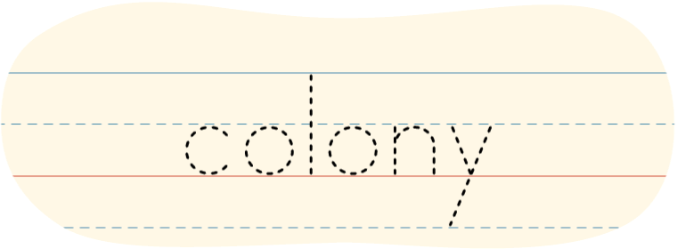 A red dot tracing the word 'colony.'