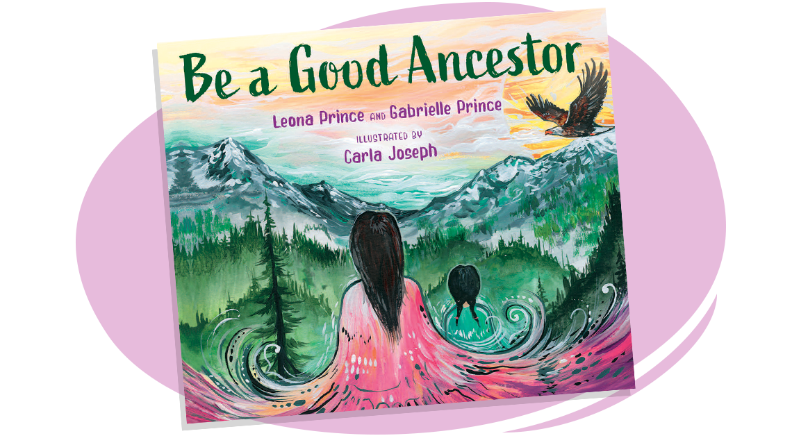 There is an elder person and a child looking out over mountains and forest. There is an eagle flying in the sky.