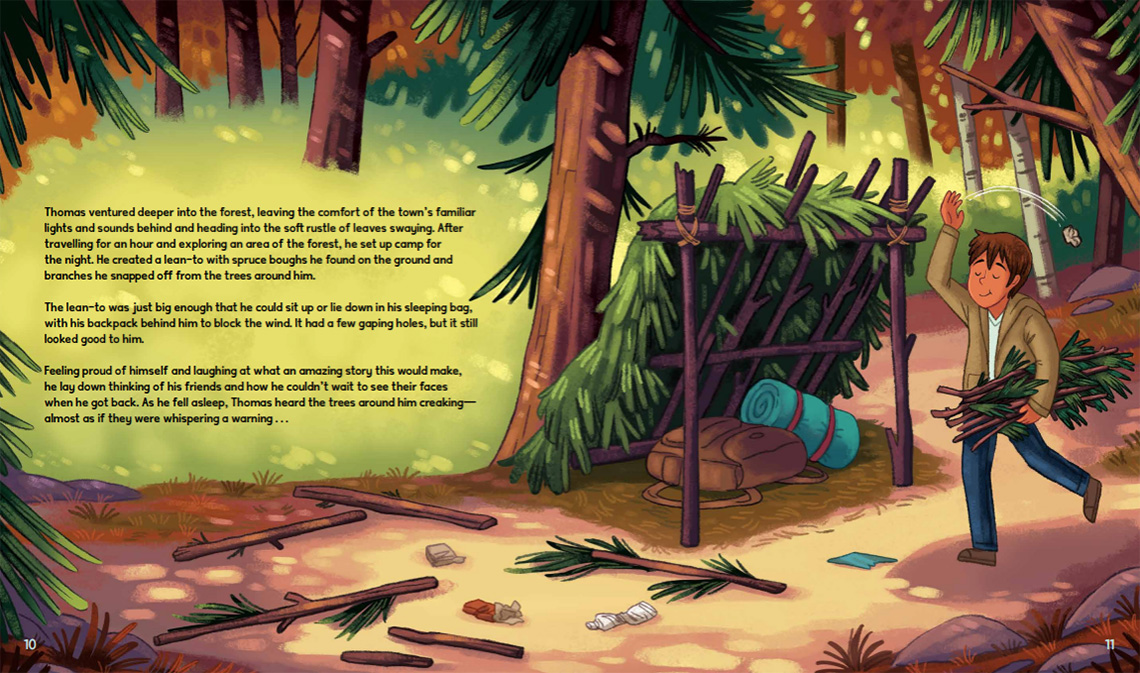 Thomas walking in a forest by his lean-to while holding branches. His eyes are shut and he is smiling.