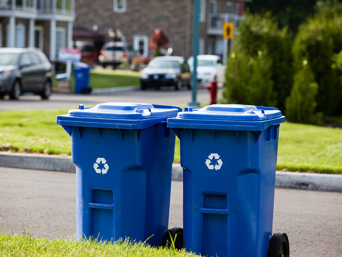 Two recycling bins on the curb of a residential street.