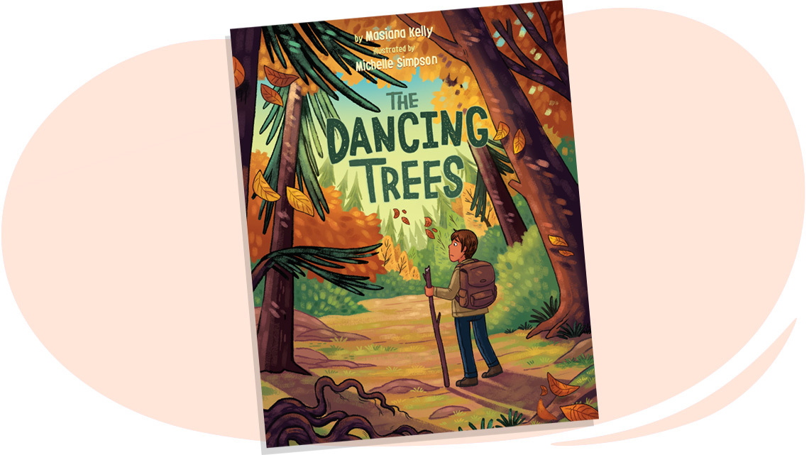 A book cover of a young person standing on a hiking trail, wearing a backpack and holding a walking stick. They are surrounded by tall trees