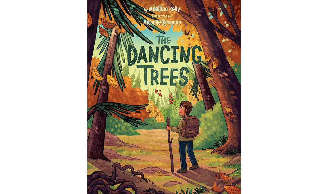 The cover of the book "The Dancing Trees." A boy with a backpack stands in a forest looking for a path. He looks unsure. 