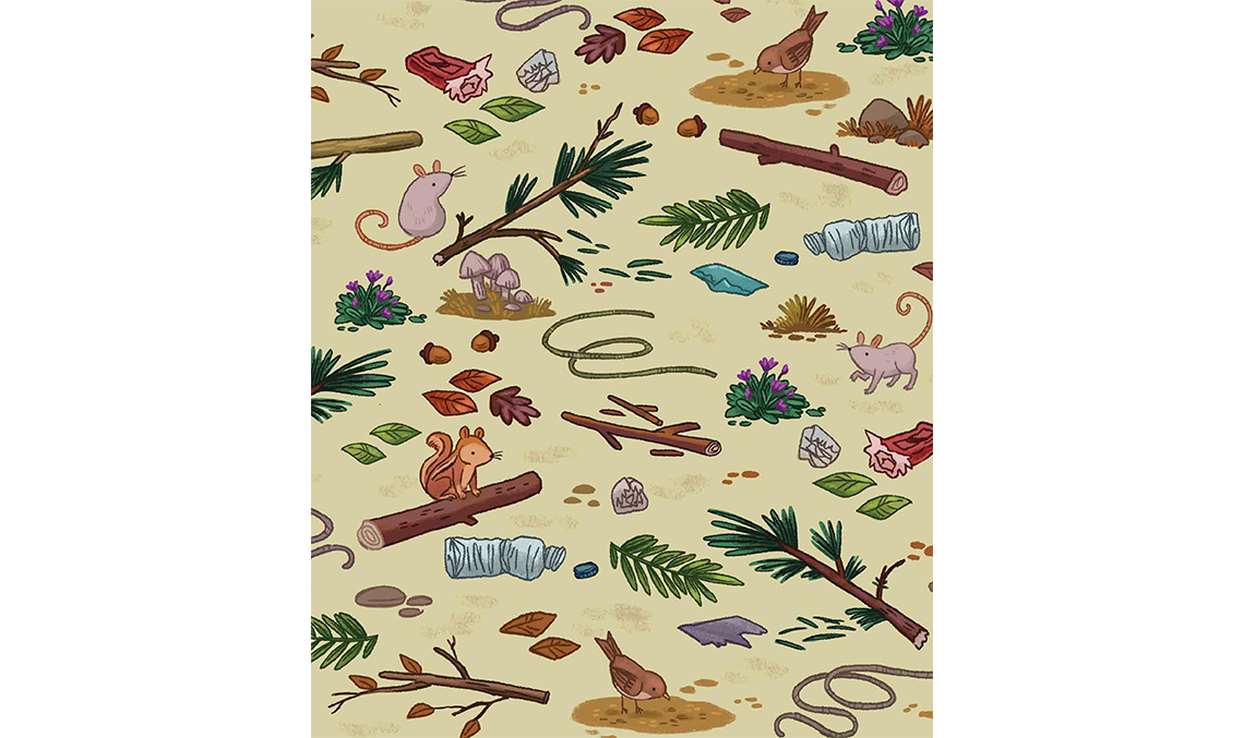 A decorative pattern of forest animals, branches, and litter.