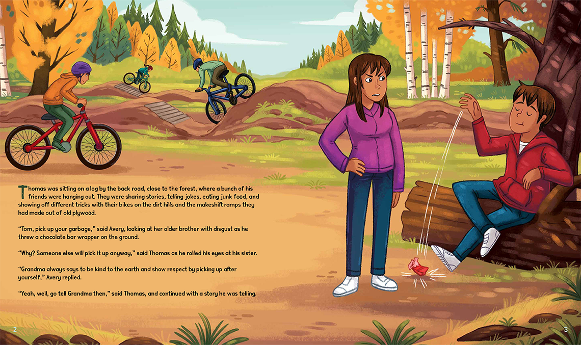 In a forest, teens are riding bikes on an outdoor course. Thomas litters in front of his sister. She is disgusted with his behaviour.