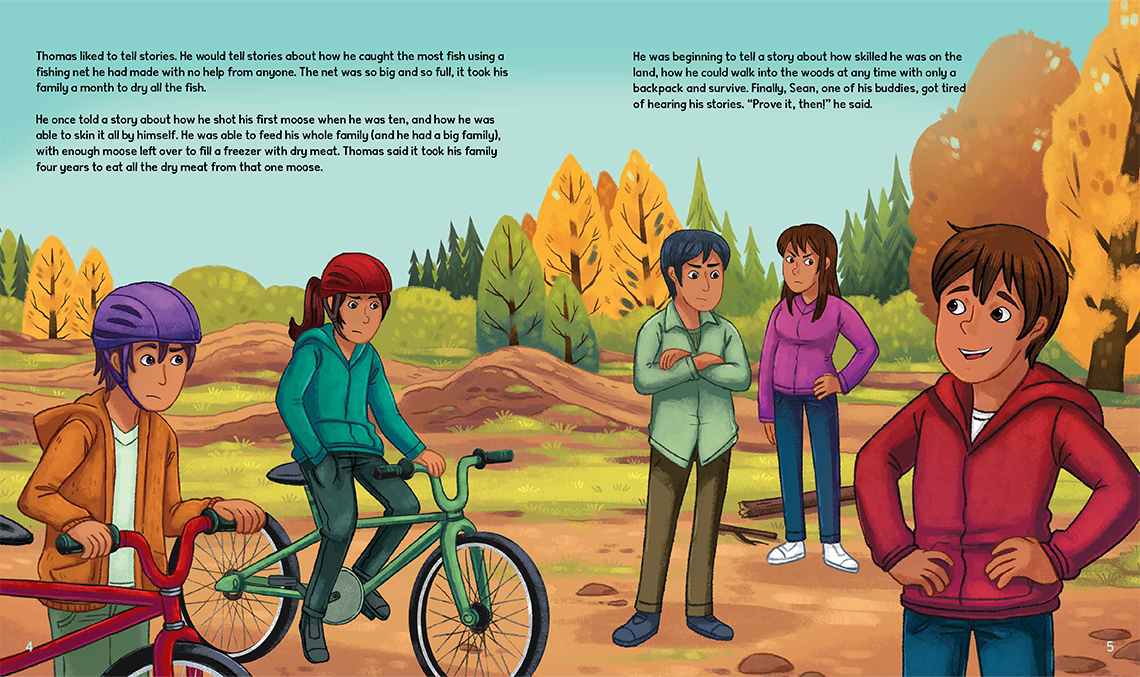 Thomas is standing and telling exaggerated stories to his friends. Some friends look skeptical.