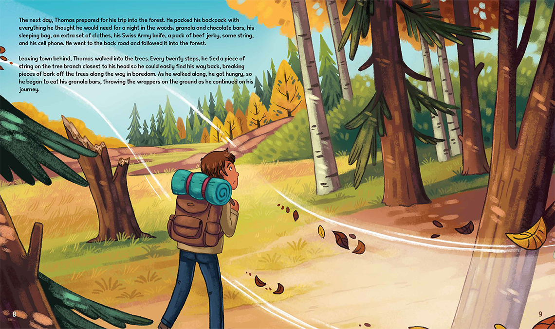 Thomas walks into the forest with his backpack. He looks nervous.