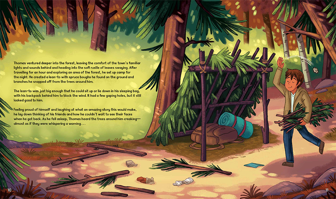 Thomas makes a lean-to from branches. His campsite has littered wrappers and extra sticks laying around.