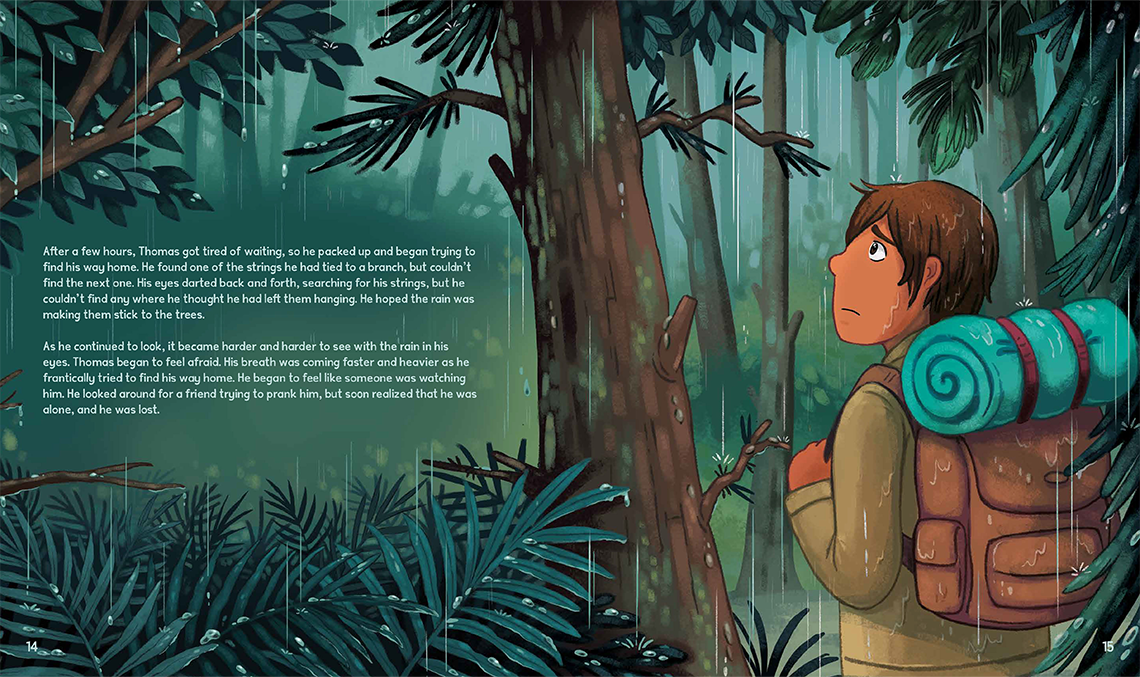 Thomas is lost in the forest and getting wet from the rain. He looks scared.