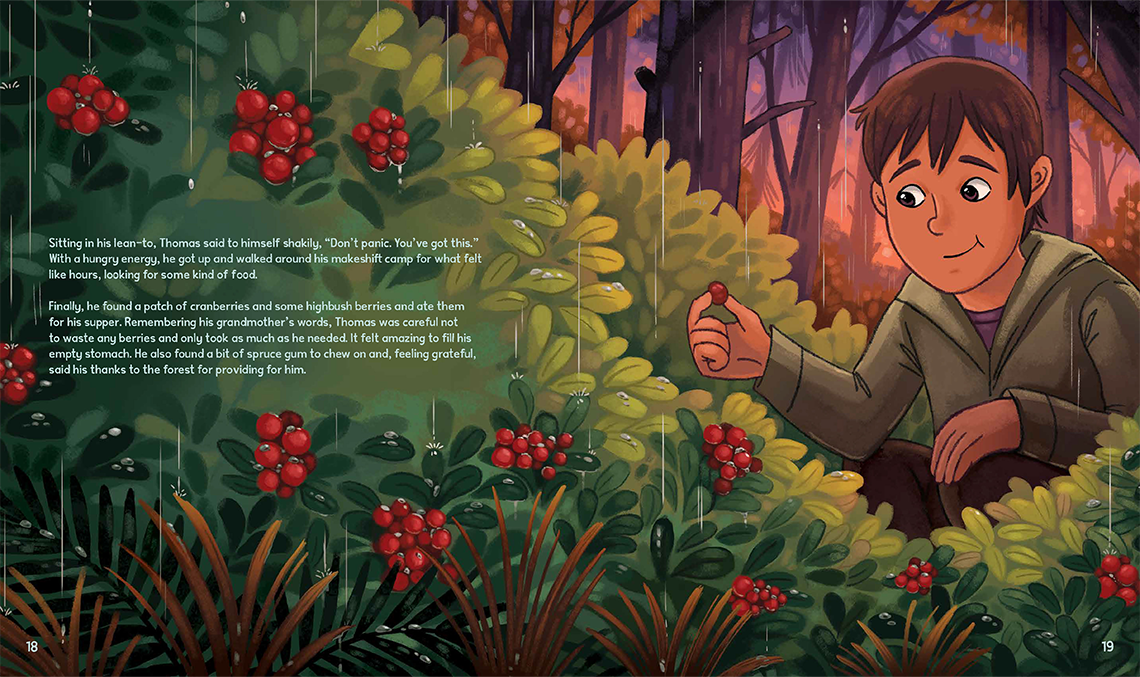 Thomas is squatting by a patch of cranberries and highbush berries in the rain. He is holding one berry in his hand and he is smiling.