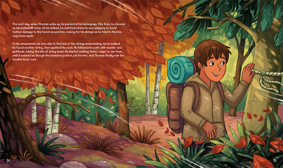 Thomas is following string tied around trees through the forest during the day with his backpack. He is smiling widely.