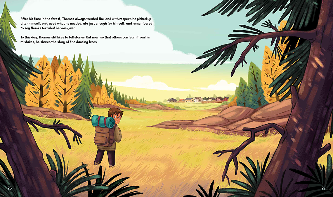 Thomas fins his way out of the forest and sees his town. He is looking back at the trees and smiling.