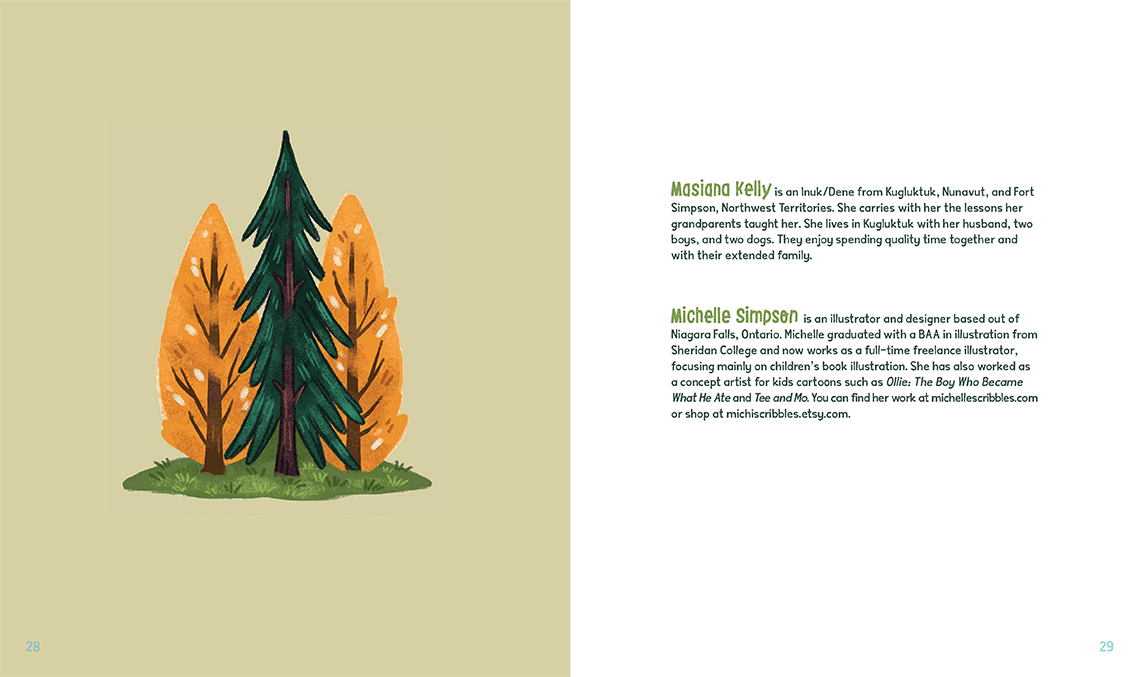 A page with trees, and biographical information about the author and the illustrator.