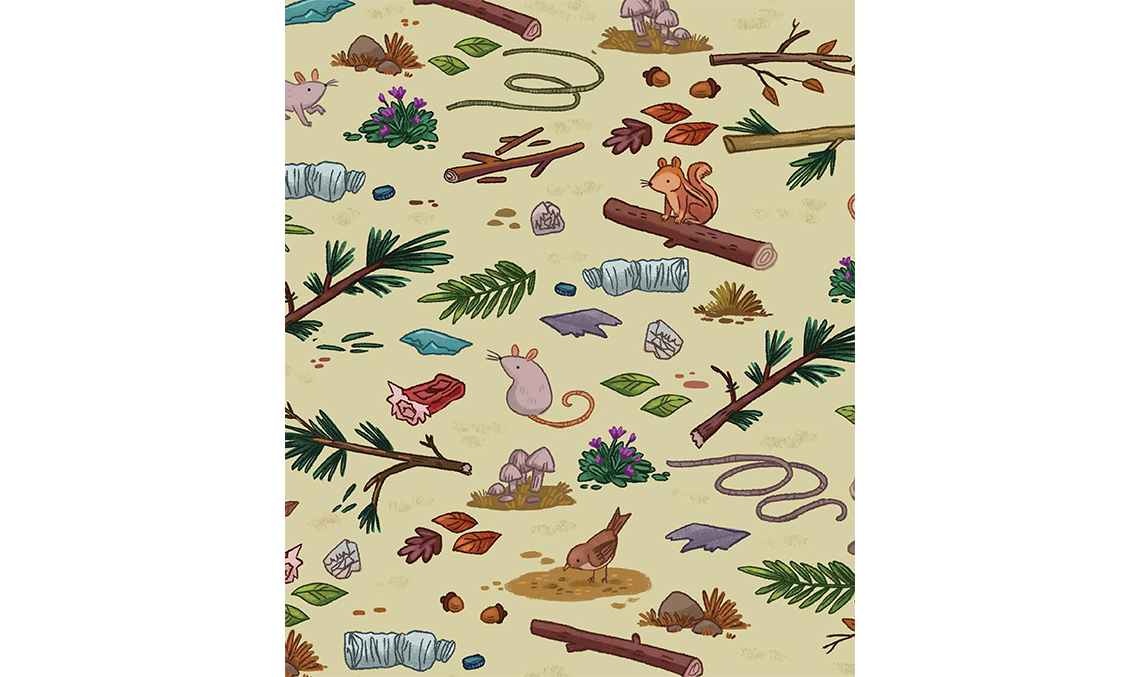 A decorative pattern of forest animals, branches, and litter.