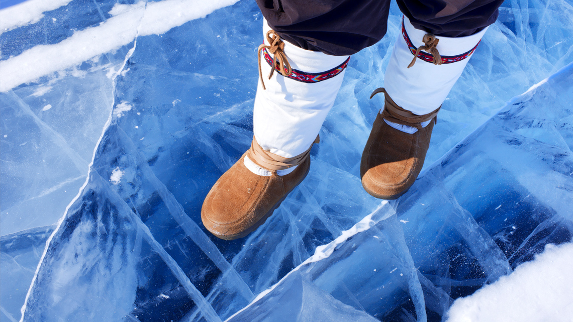 Traditional mukluks or boots on ice.