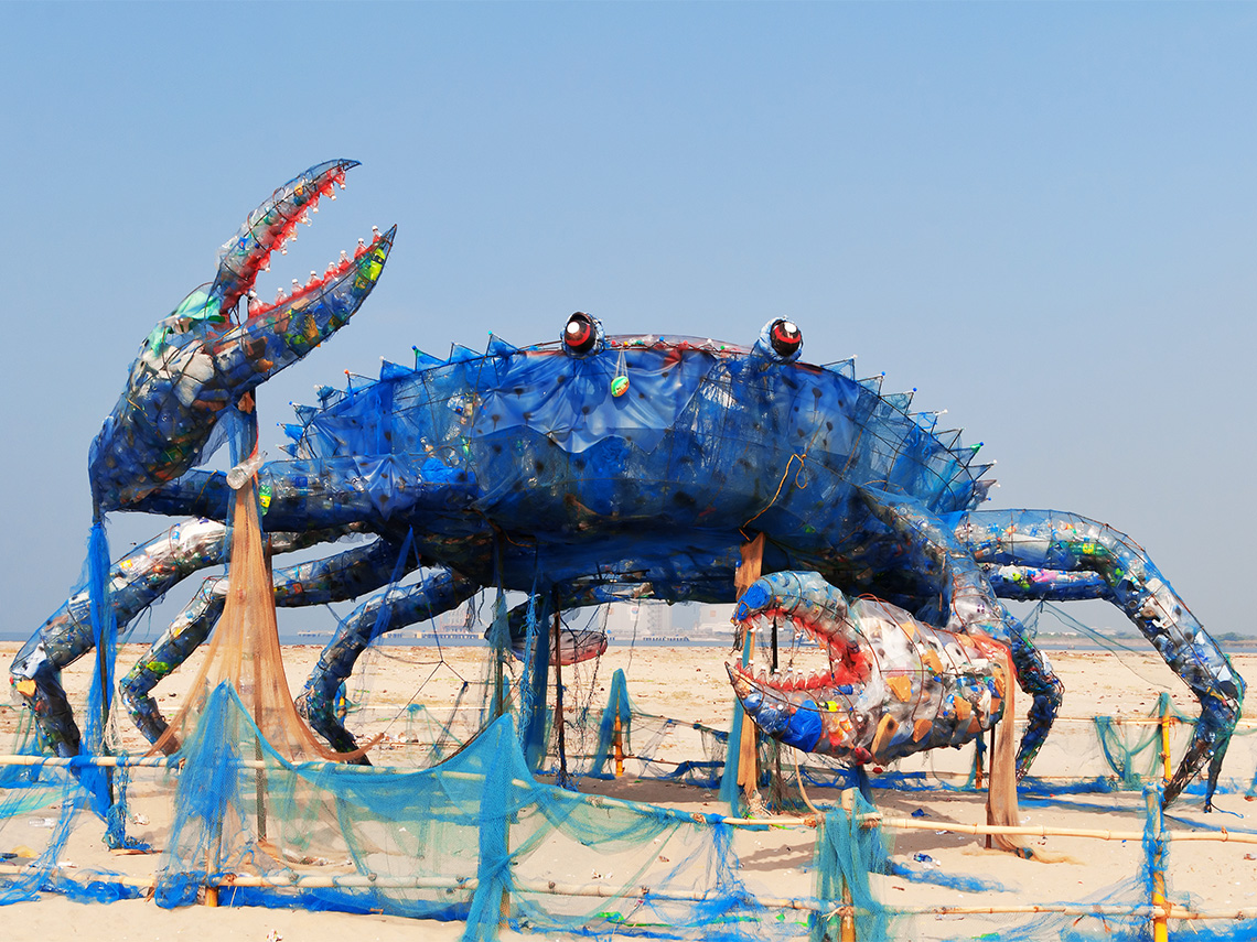 A large crab made from waste and plastic pollution collected from the ocean.