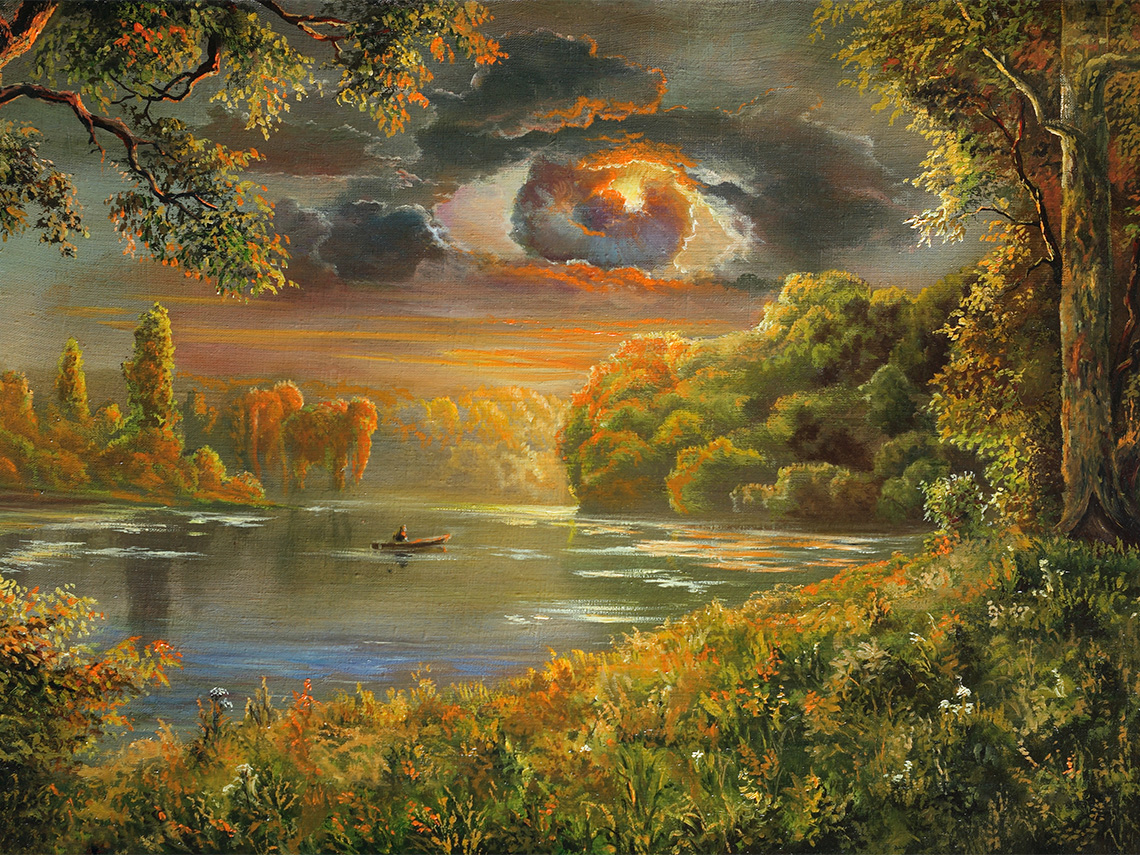 An oil painting on canvas. There are trees and bushes with a lake in the middle with a person in a small boat. The background has clouds with one that resembles an eye.