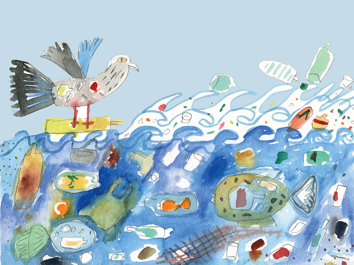 A painting of environmental issues. There is a bird floating on a piece of paper and waste floating over and under the ocean. 