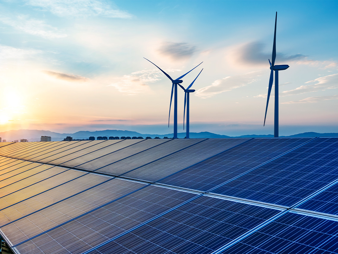 Solar panels and wind turbines generate renewable energy.