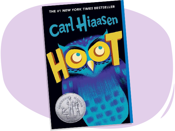 This is the cover image for the book "Hoot". There is an owl standing tall with the letter o from the title as the owl's eyes.
