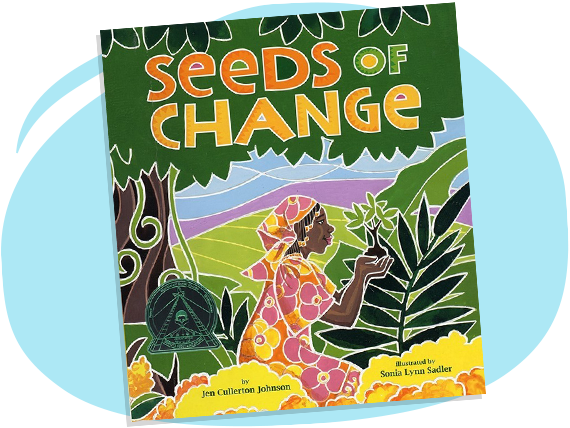 This is the cover image for the book. Seeds of change. There is a women sitting on the grass in a forest. She has a plant in her hands.