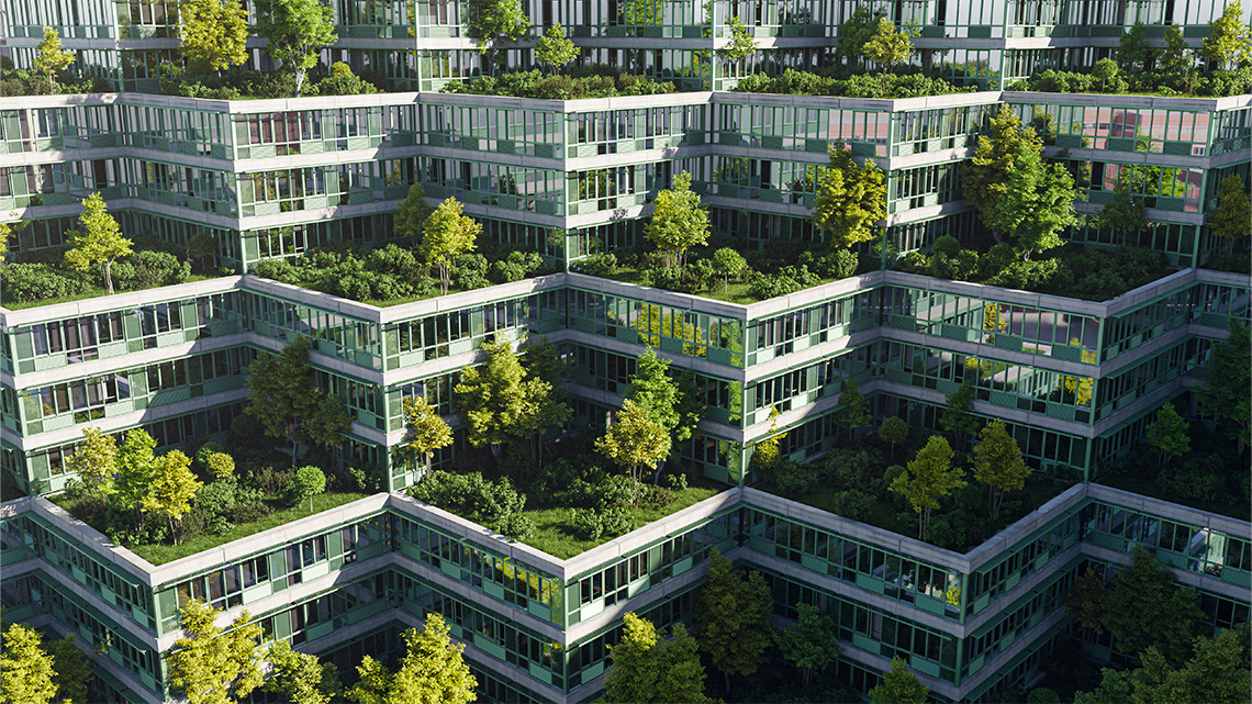 Three rows of buildings that are all connected in a step design. It has grass and trees spaces on the roof tops.