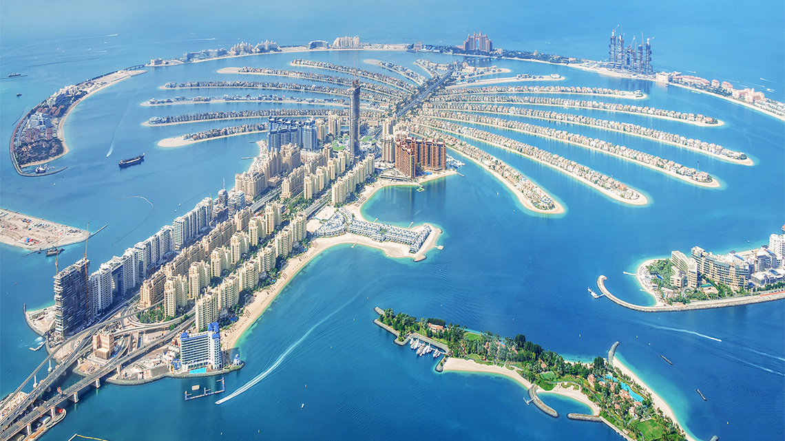 Dubai Palm Jumeirah Island which is an artificial island in the shape of a palm tree in the United Arab Emirates.