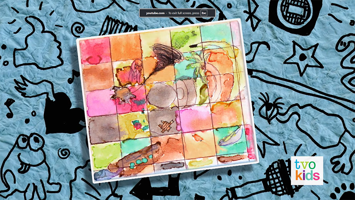 A painting by Simon, with a grid of colourful rectangles with other drawn shapes that could be boats and trees.