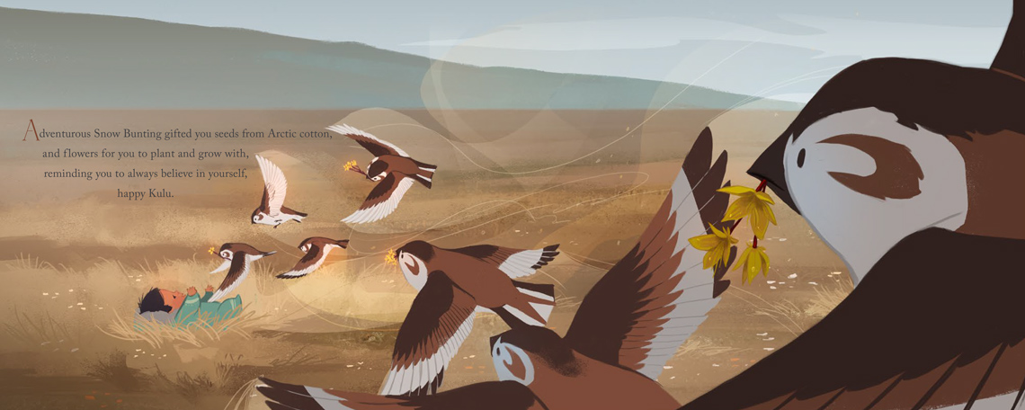 A flock of snow bunting bring flowers to a baby.
