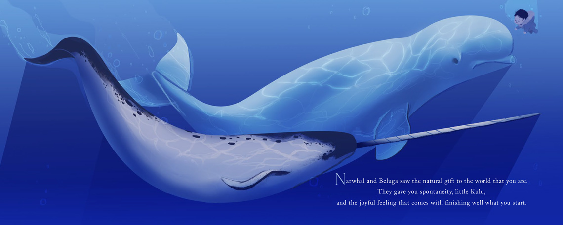 A beluga whale and a narwhal visiting a baby underwater.